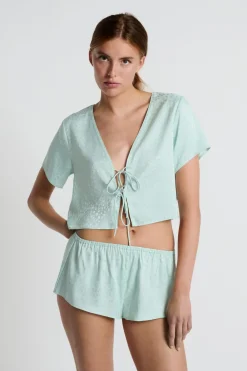 Best ETAM Blusa satinada de manga corta estampada con lazos CELADÓN