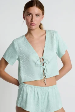 Best ETAM Blusa satinada de manga corta estampada con lazos CELADÓN