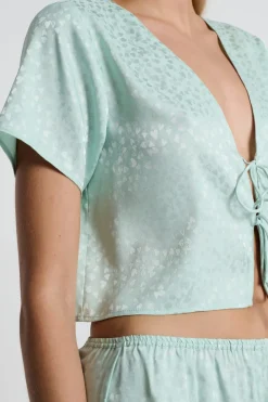 Best ETAM Blusa satinada de manga corta estampada con lazos CELADÓN