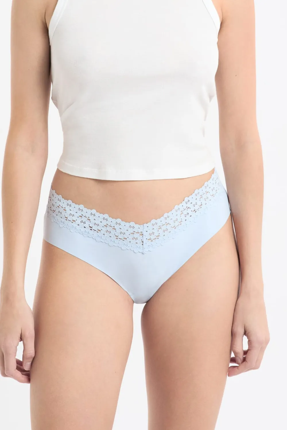 Discount ETAM Braga brasileña de cintura baja en forma de V de microfibra y encaje AZUL LAGUNA