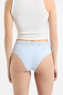 Discount ETAM Braga brasileña de cintura baja en forma de V de microfibra y encaje AZUL LAGUNA
