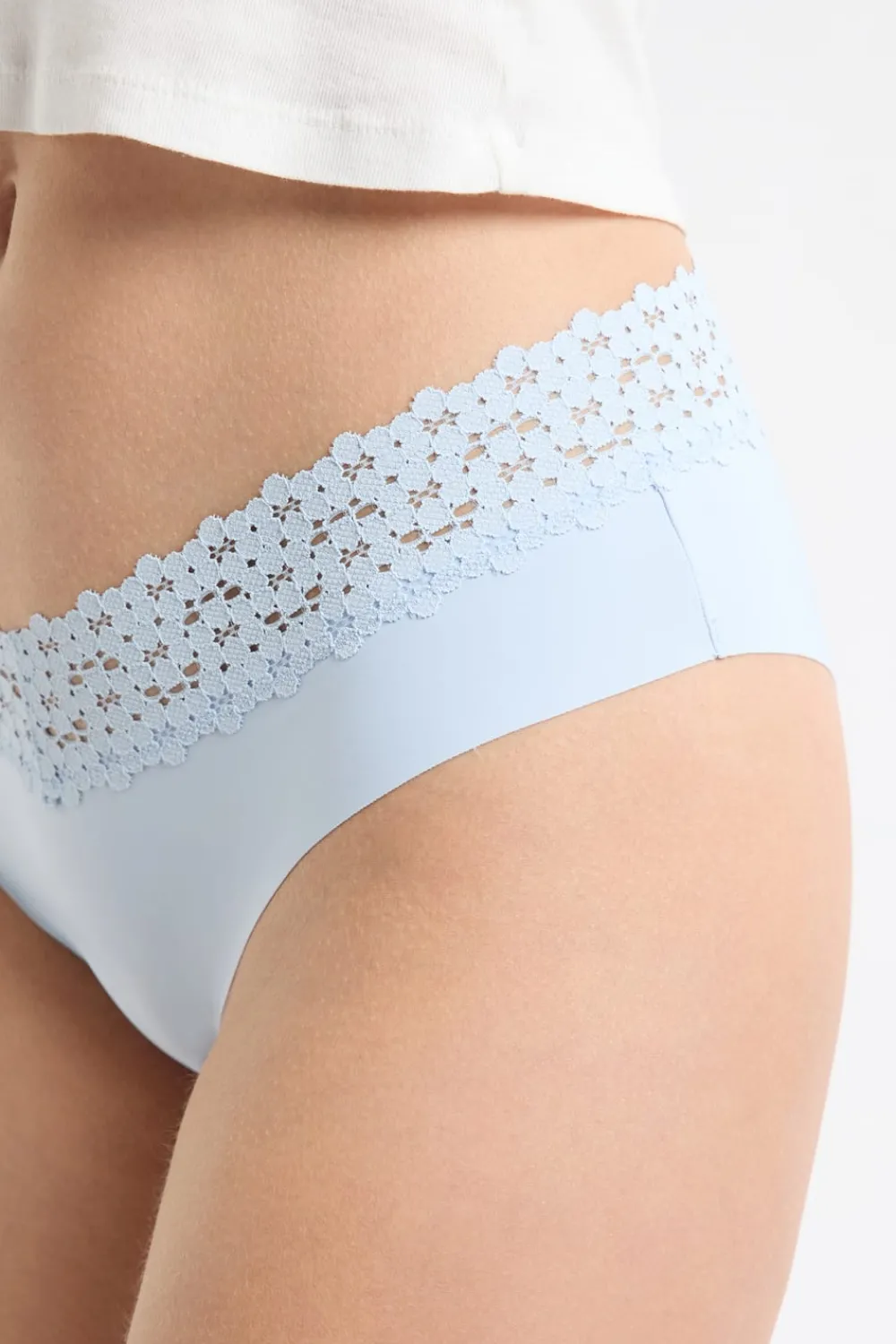 Discount ETAM Braga brasileña de cintura baja en forma de V de microfibra y encaje AZUL LAGUNA