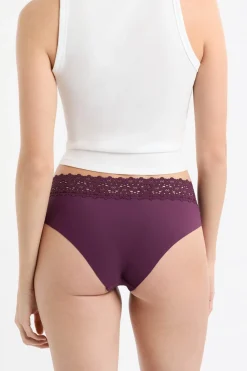 New ETAM Braga brasileña de cintura baja en forma de V de microfibra y encaje MORADO