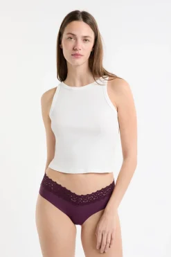 New ETAM Braga brasileña de cintura baja en forma de V de microfibra y encaje MORADO