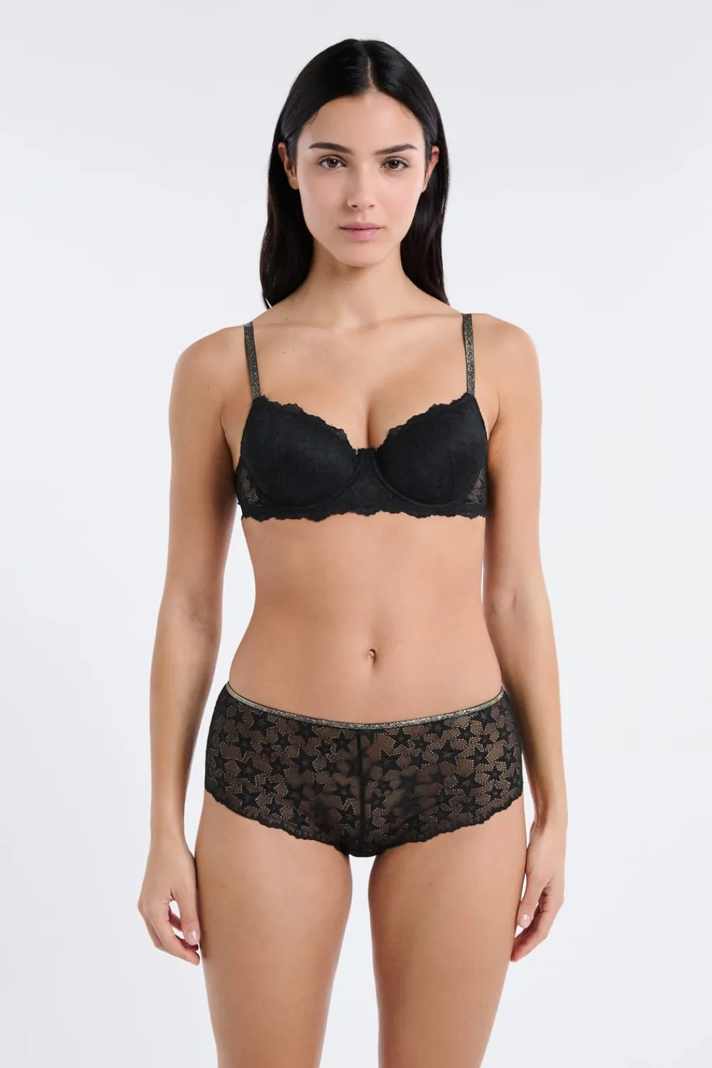 ETAM Braga culotte de encaje con motivos de estrellas brillantes NEGRO