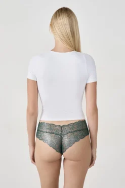 Sale ETAM Braguita brasileña en V de encaje tejido brillante VERDE ABETO