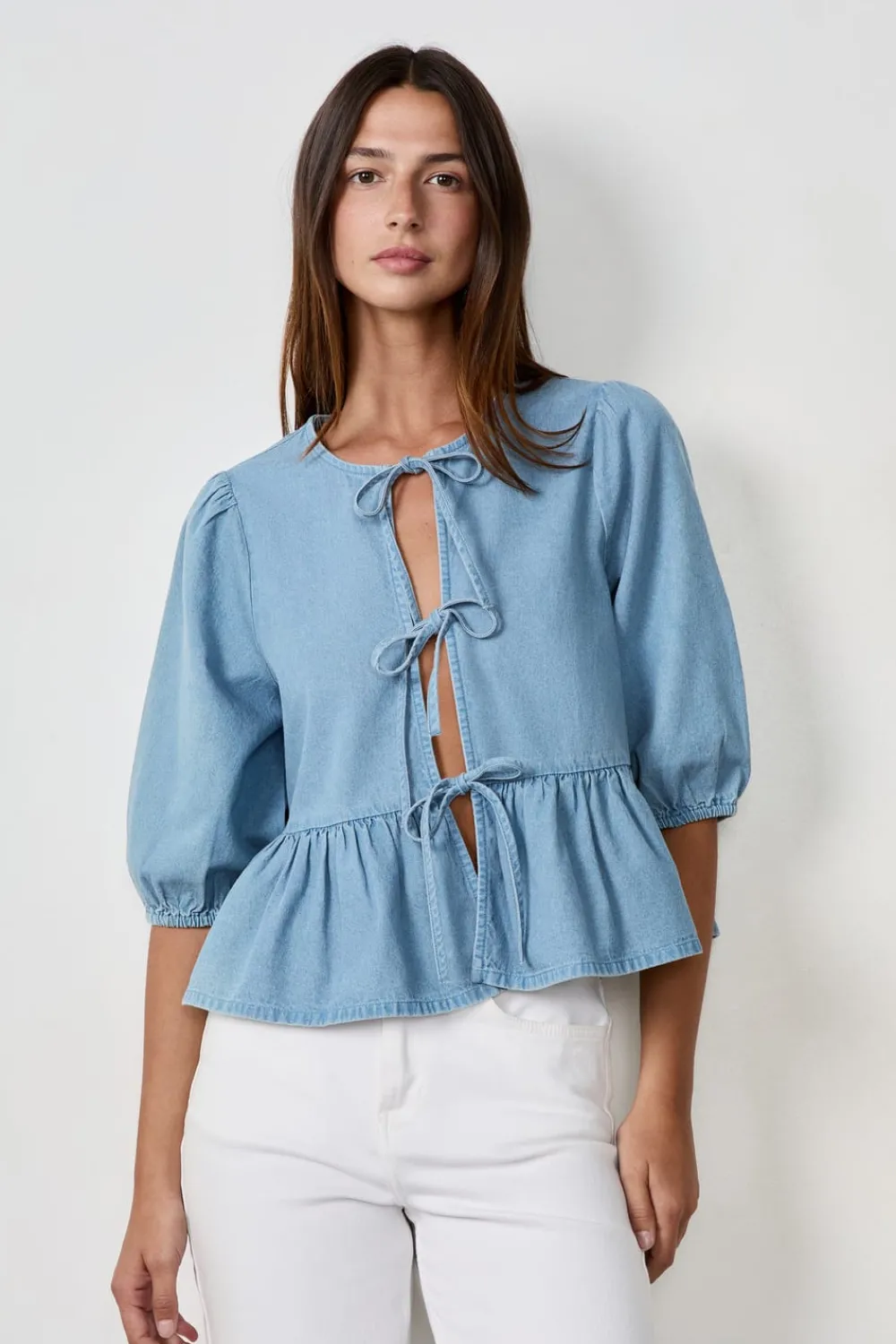 Discount ETAM Camisa anudada en el frente efecto denim AZUL