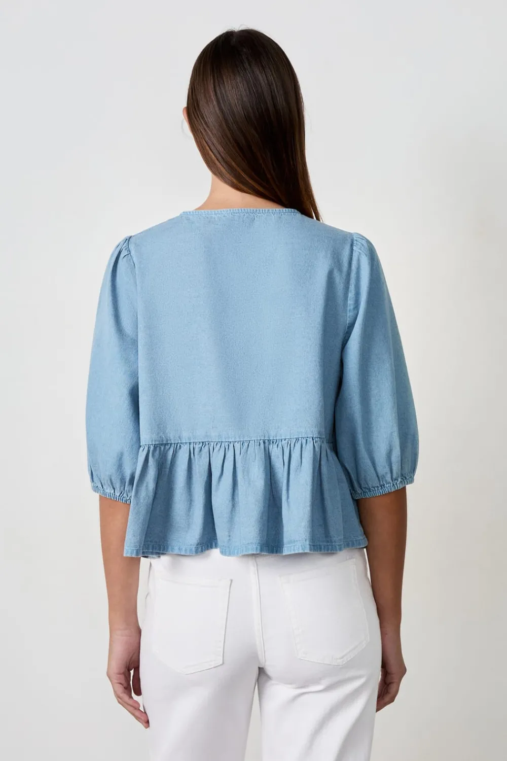 Discount ETAM Camisa anudada en el frente efecto denim AZUL