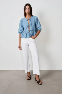 Discount ETAM Camisa anudada en el frente efecto denim AZUL