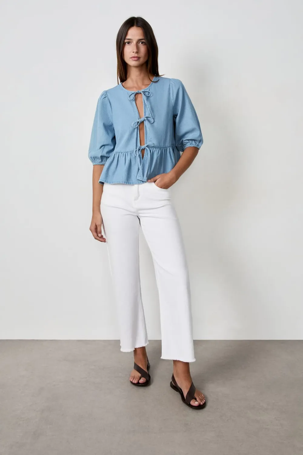 Discount ETAM Camisa anudada en el frente efecto denim AZUL