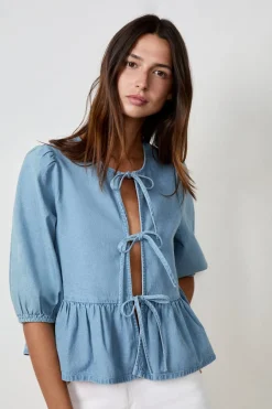 Discount ETAM Camisa anudada en el frente efecto denim AZUL
