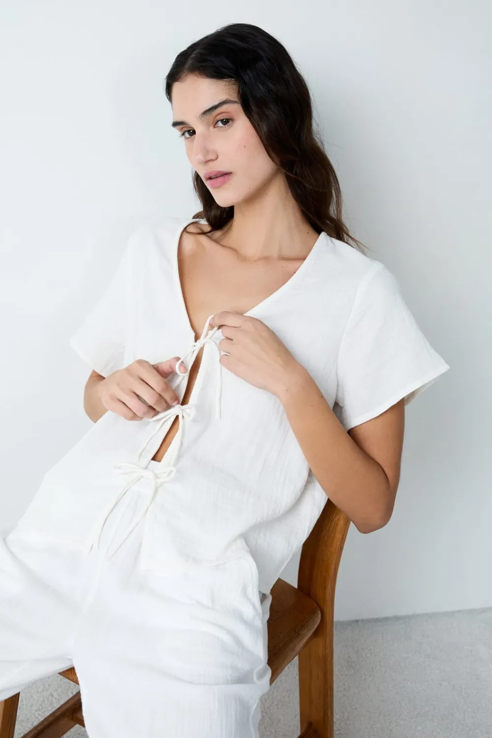 ETAM Camisa de manga corta de algodón con lazos BLANCO