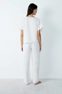 ETAM Camisa de manga corta de algodón con lazos BLANCO