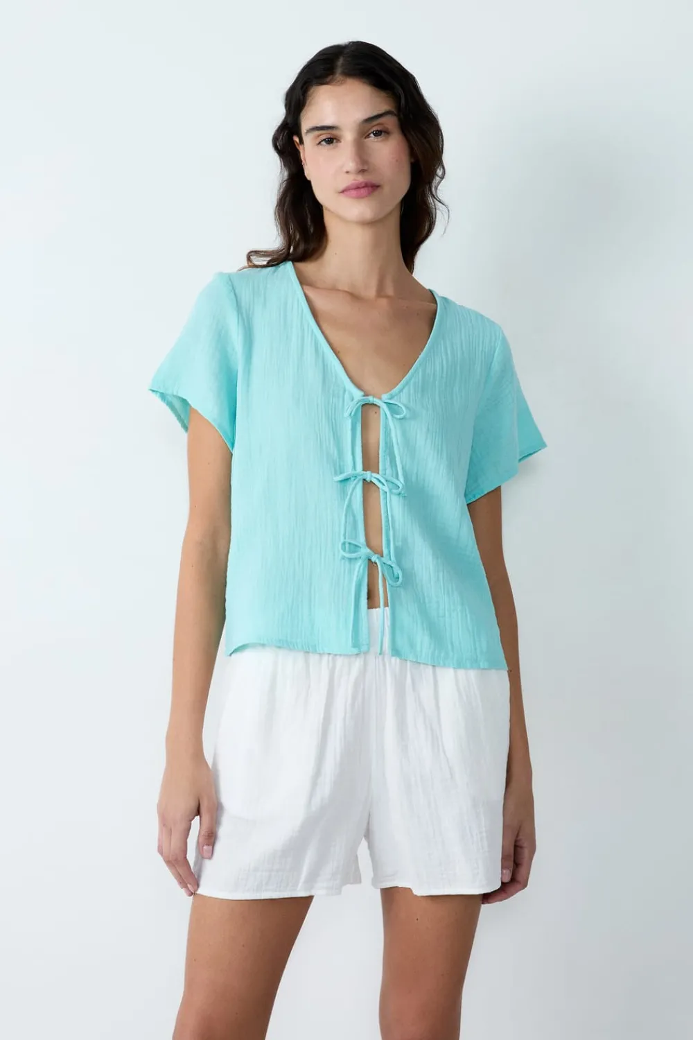 Clearance ETAM Camisa de manga corta de algodón con lazos ANÍS ABSENTA