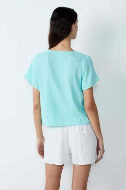 Clearance ETAM Camisa de manga corta de algodón con lazos ANÍS ABSENTA