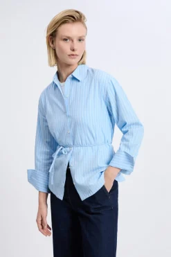 Hot ETAM Camisa de manga larga de algodón con cinturón AZUL CIELO