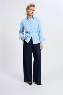 Hot ETAM Camisa de manga larga de algodón con cinturón AZUL CIELO