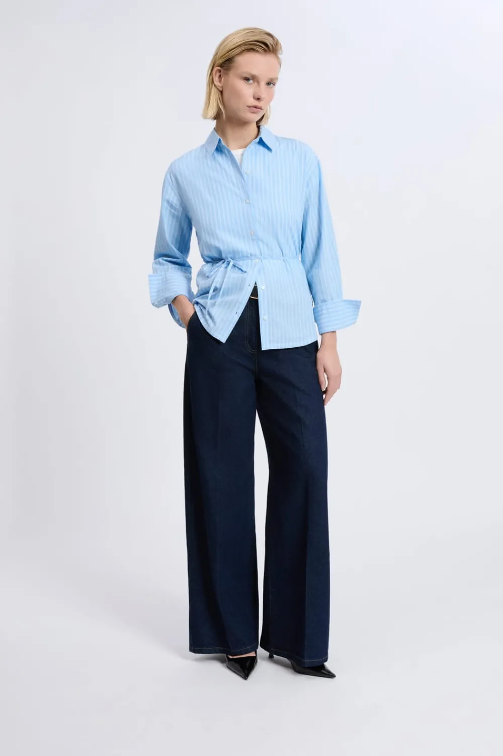 Hot ETAM Camisa de manga larga de algodón con cinturón AZUL CIELO