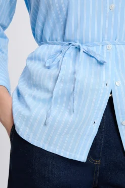 Hot ETAM Camisa de manga larga de algodón con cinturón AZUL CIELO
