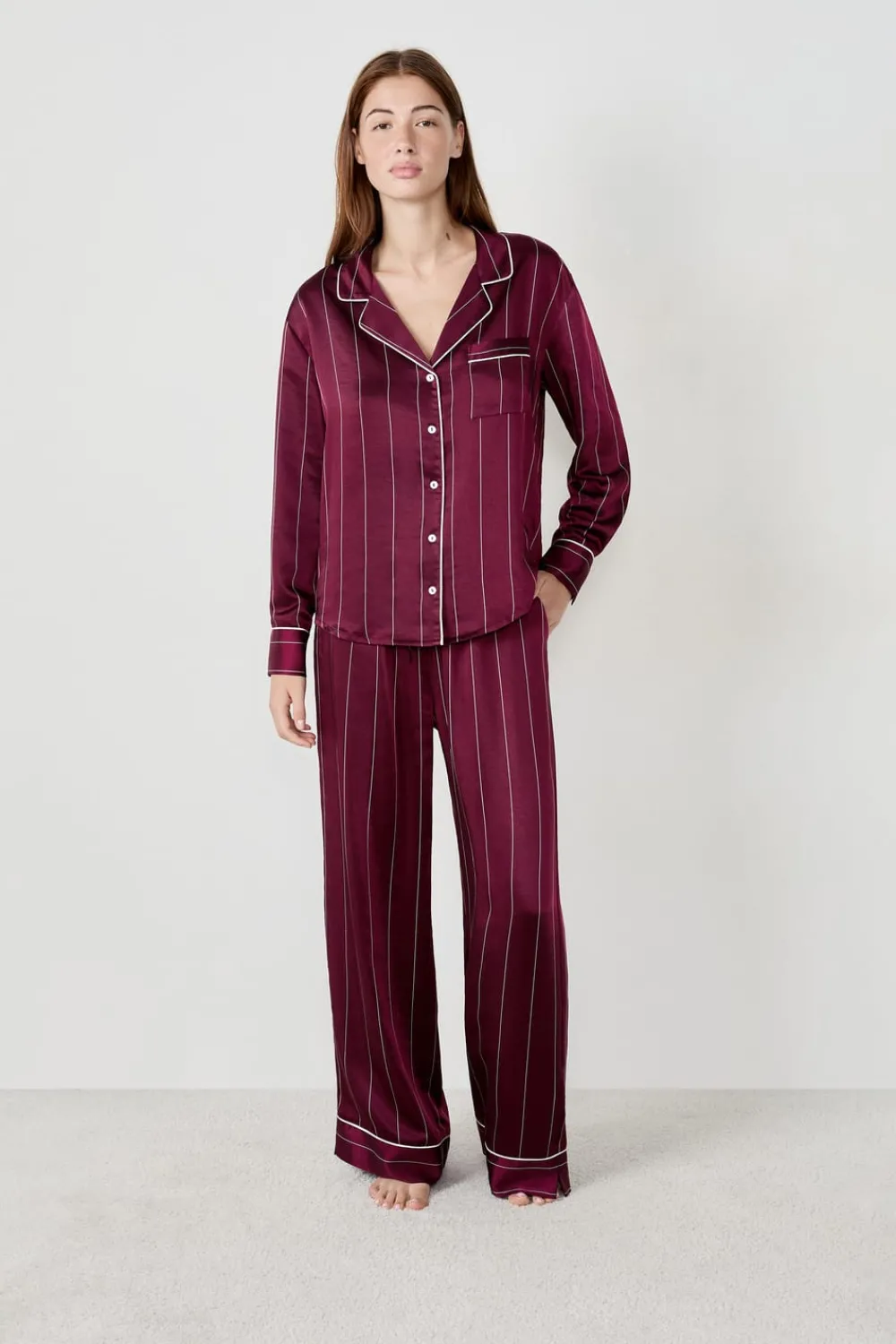 Discount ETAM Camisa de pijama a rayas de satén BURDEOS GRANATE