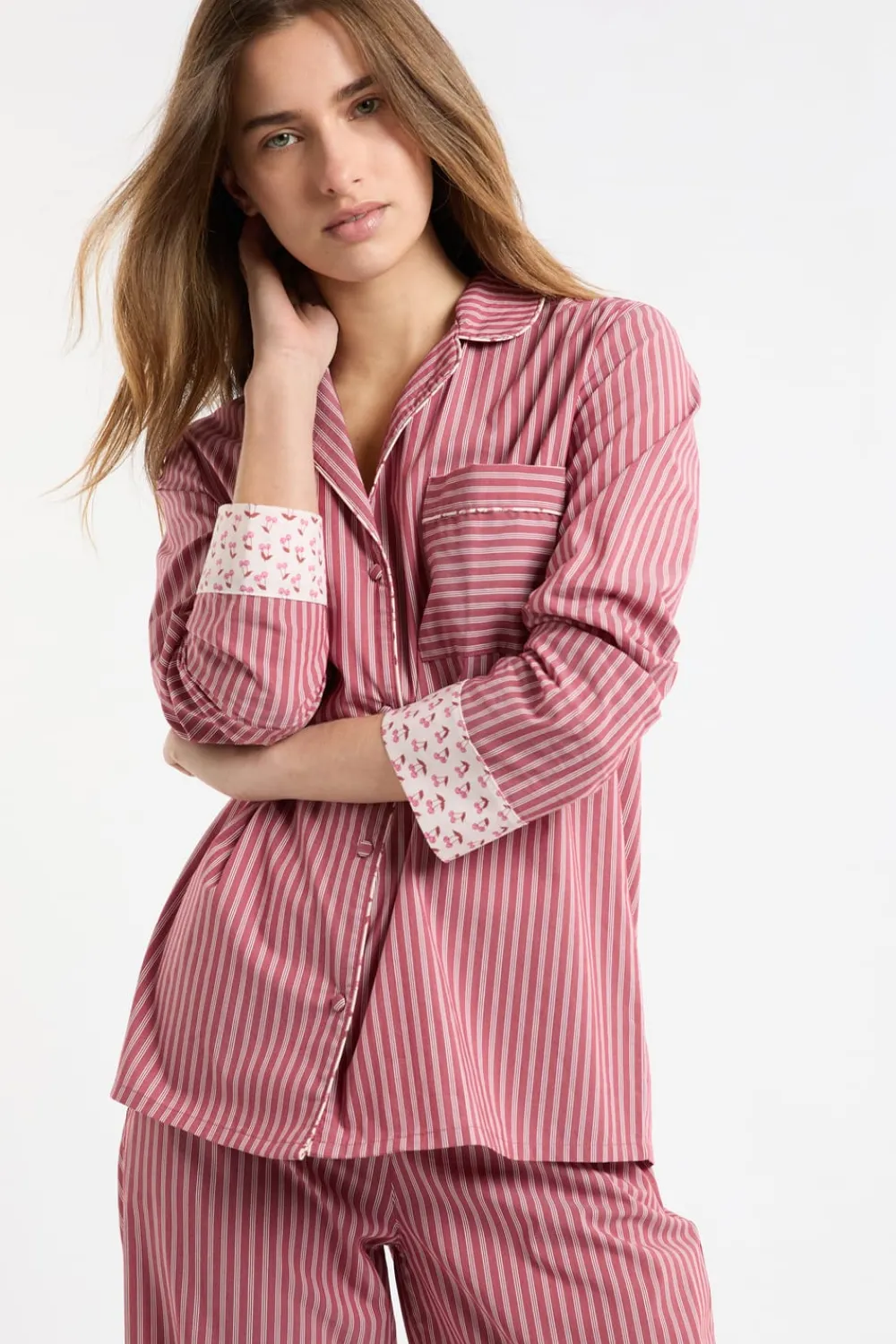 ETAM Camisa de pijama a rayas con algodón ROSA EMPOLVADO