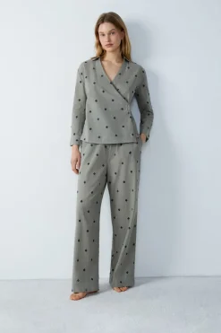 Discount ETAM Camisa de pijama bordada a rayas de algodón KAKI
