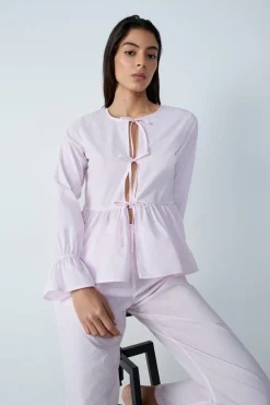 ETAM Camisa de pijama de algodón a rayas de manga larga con lazos FUCSIA