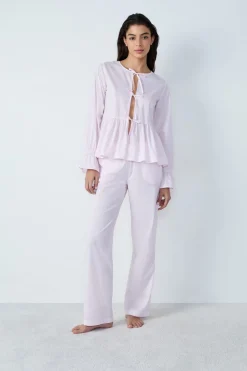 ETAM Camisa de pijama de algodón a rayas de manga larga con lazos FUCSIA