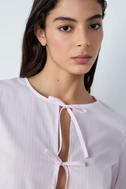 ETAM Camisa de pijama de algodón a rayas de manga larga con lazos FUCSIA