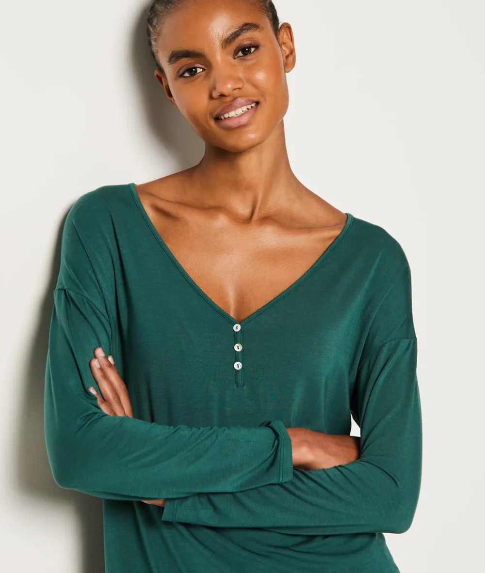 Outlet ETAM Camisa de pijama de manga larga abotonada de modal VERDE ABETO