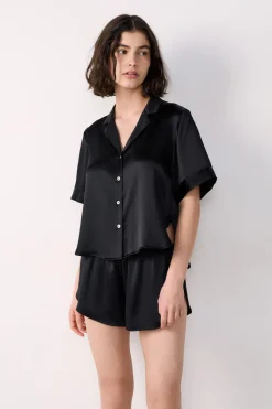 Outlet ETAM Camisa de pijama de seda de manga corta NEGRO
