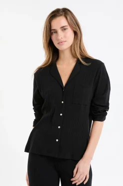 New ETAM Camisa de pijama Richelieu de punto elástico NEGRO