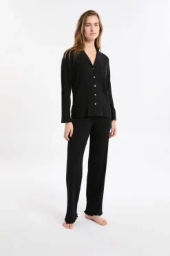 New ETAM Camisa de pijama Richelieu de punto elástico NEGRO