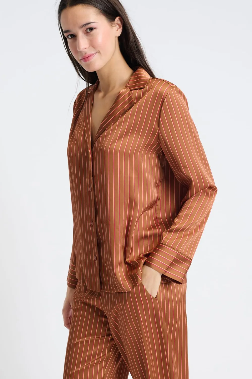 New ETAM Camisa de pijama satinada a rayas BRONZE