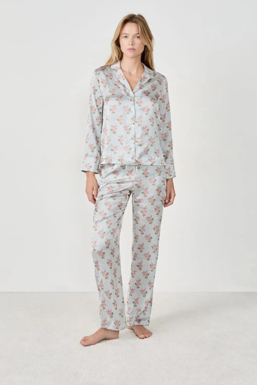 New ETAM Camisa de pijama satinada con estampado floral IMP FD BLANCO