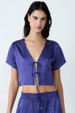 Sale ETAM Camisa pijama satinada de manga corta estampada con lazos ESTAMPADO