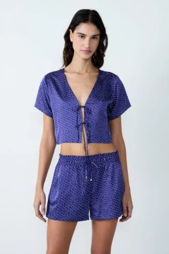 Sale ETAM Camisa pijama satinada de manga corta estampada con lazos ESTAMPADO
