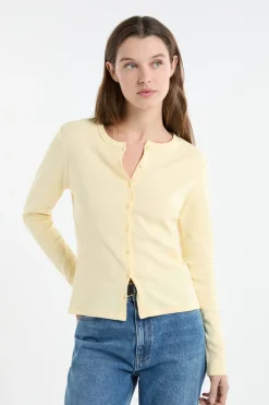 New ETAM Camiseta abotonada de manga larga de algodón AMARILLO P&Aacute;LIDO