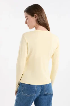 New ETAM Camiseta abotonada de manga larga de algodón AMARILLO P&Aacute;LIDO