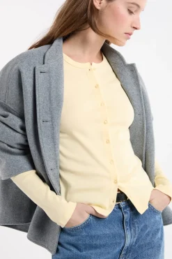 New ETAM Camiseta abotonada de manga larga de algodón AMARILLO PÁLIDO