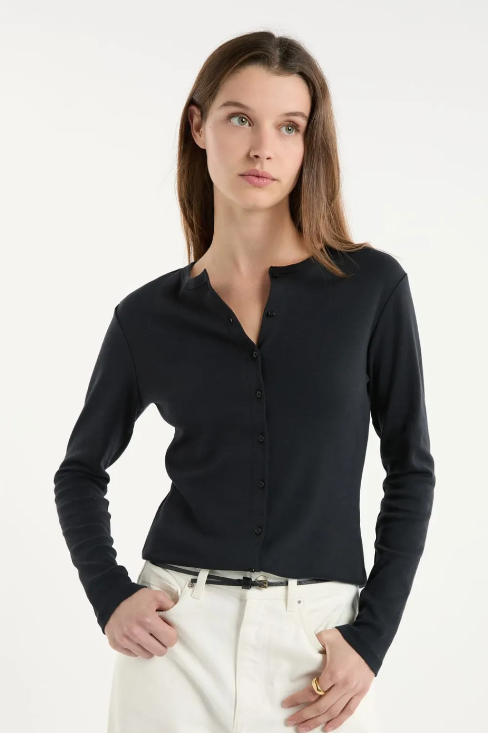 Online ETAM Camiseta abotonada de manga larga de algodón NEGRO