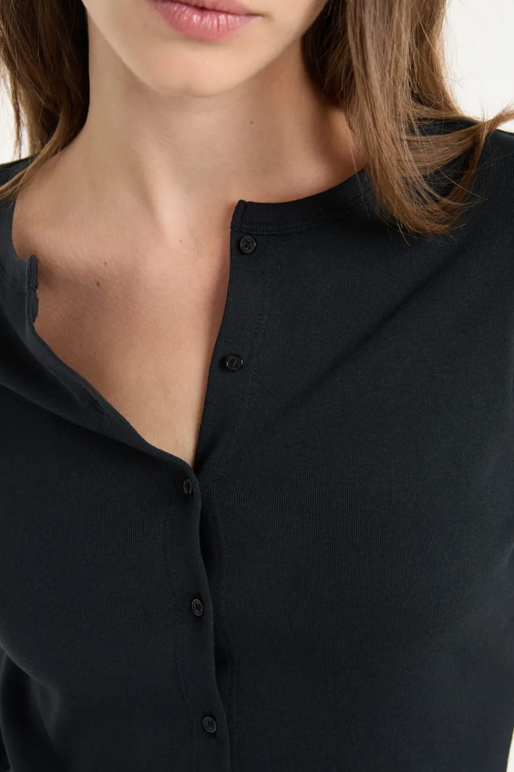 Online ETAM Camiseta abotonada de manga larga de algodón NEGRO