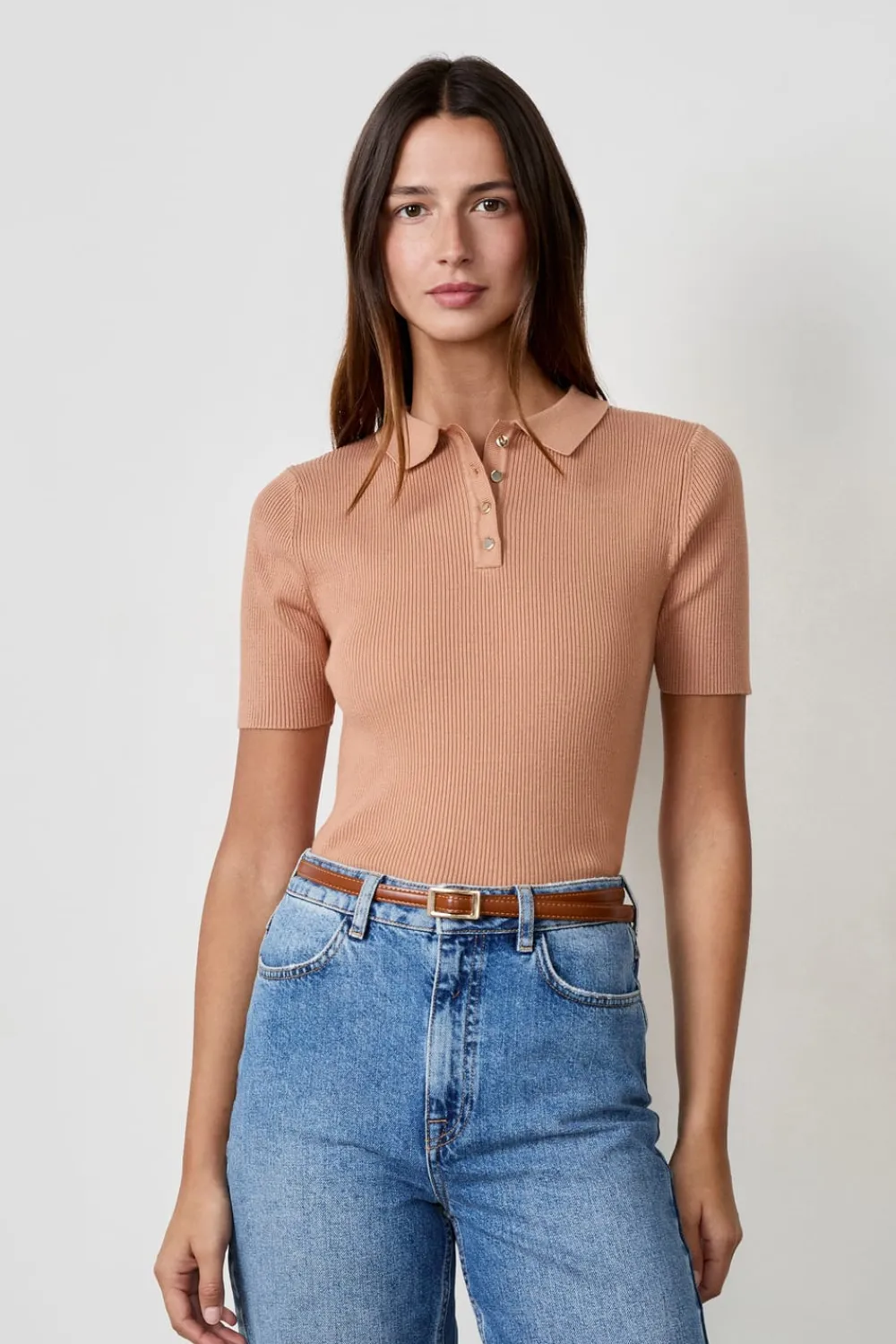 Hot ETAM Camiseta acanalada de manga corta con cuello abotonado BEIGE