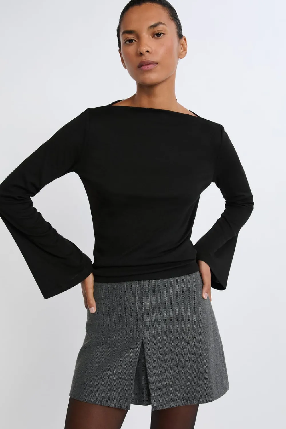 Clearance ETAM Camiseta con cuello barco y mangas largas anchas NEGRO