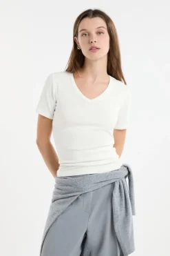 Hot ETAM Camiseta con cuello en V y algodón BLANCO