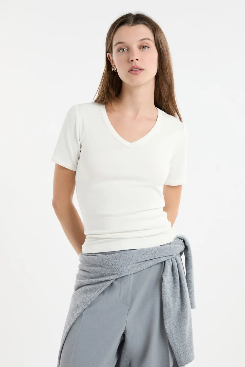 Hot ETAM Camiseta con cuello en V y algodón BLANCO