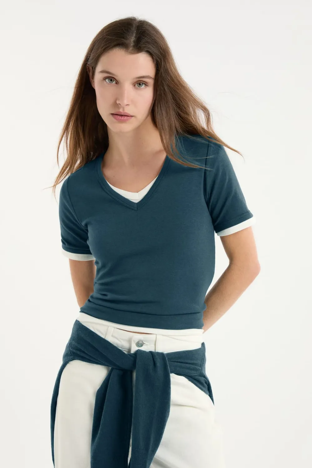 Clearance ETAM Camiseta con cuello en V y algodón VERDE PATO