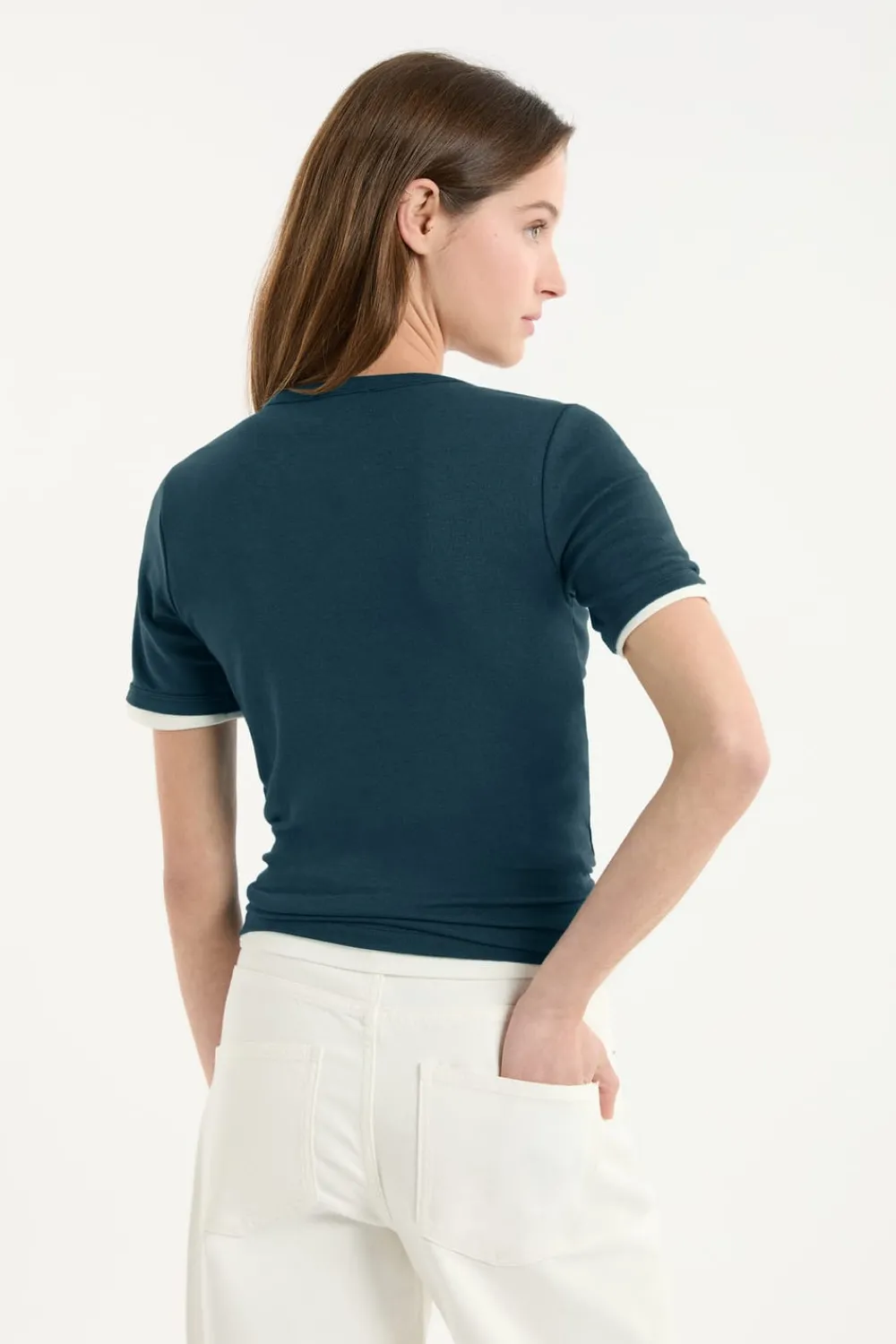 Clearance ETAM Camiseta con cuello en V y algodón VERDE PATO