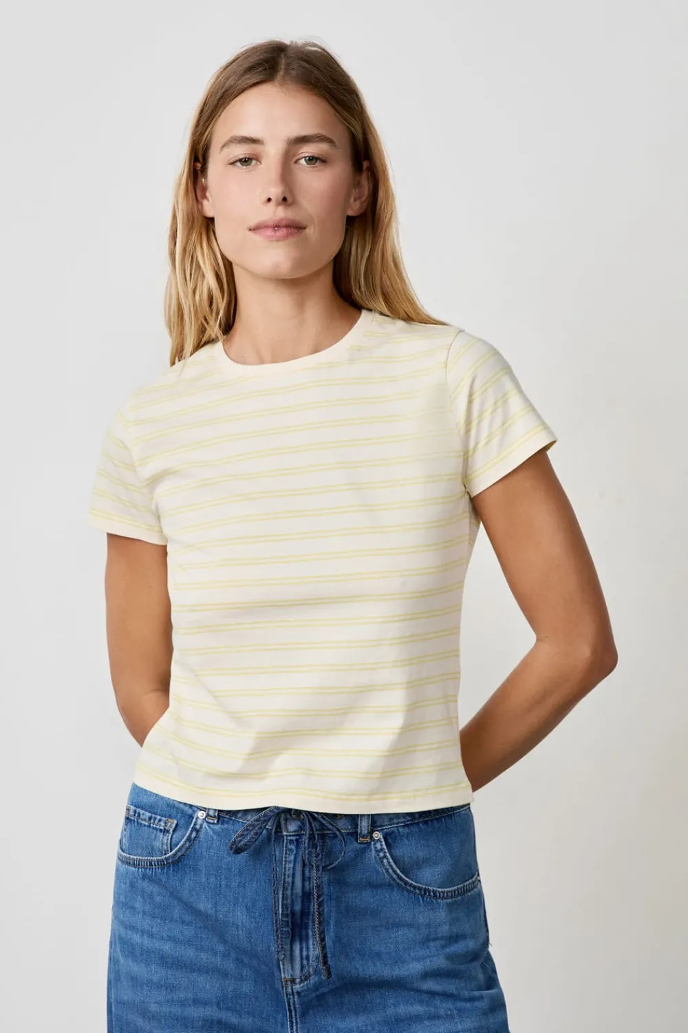 Discount ETAM Camiseta de algodón a rayas de manga corta AMARILLO PÁLIDO