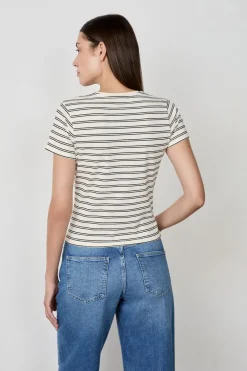 Outlet ETAM Camiseta de algodón a rayas de manga corta BLANCO